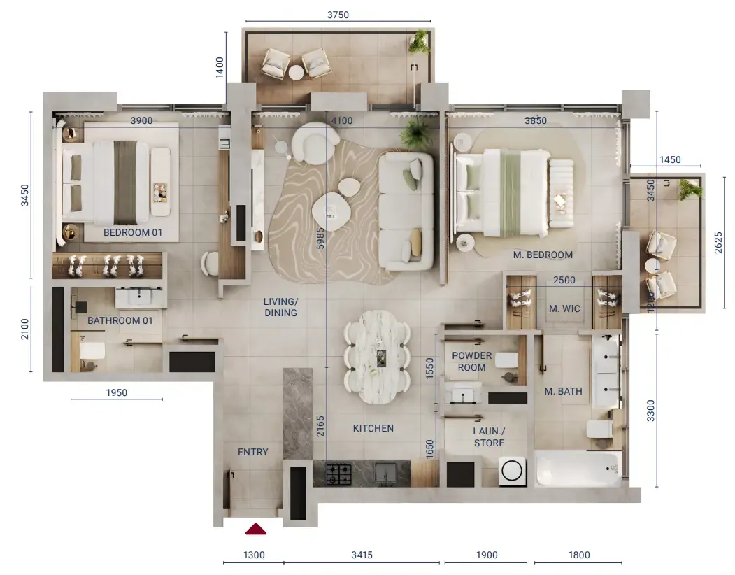 Mirdad 2 bed floor plan, 1,112 sqft