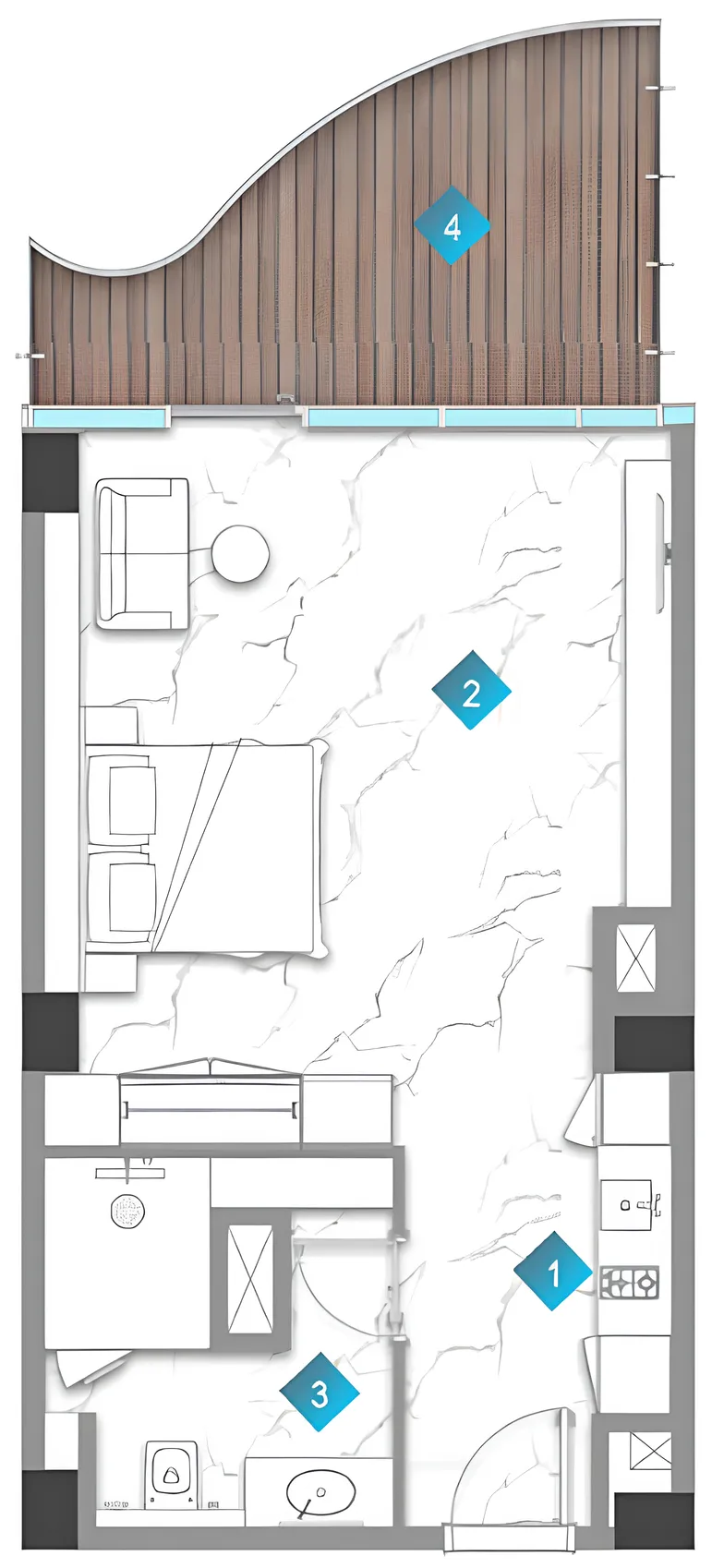 Aqua Arc Studio floor plan, 721 sqft