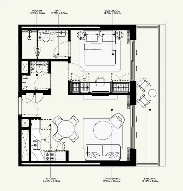 Azizi Venice 1 bed floor plan, 689 sqft