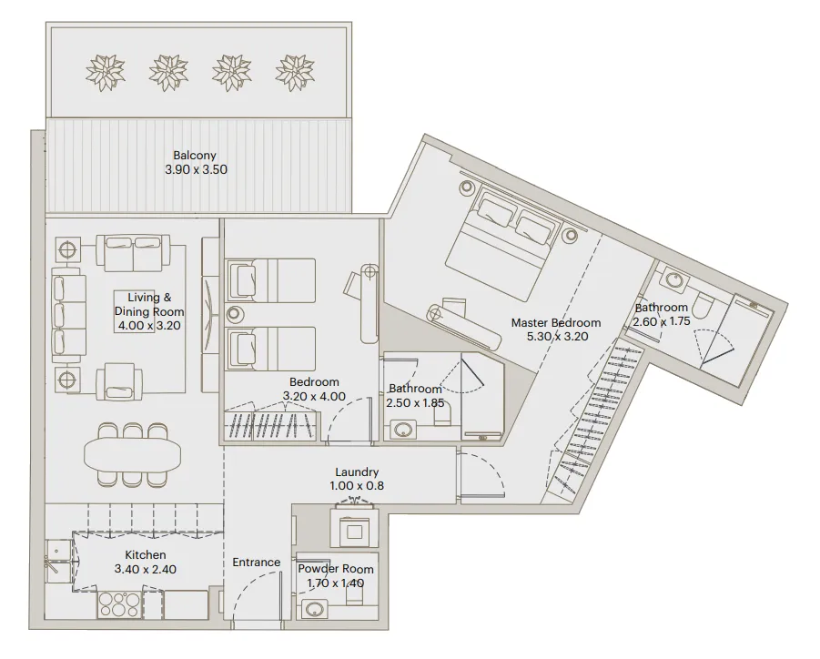 Eleve 2 bed floor plan, 1,304 – 1,306 sqft