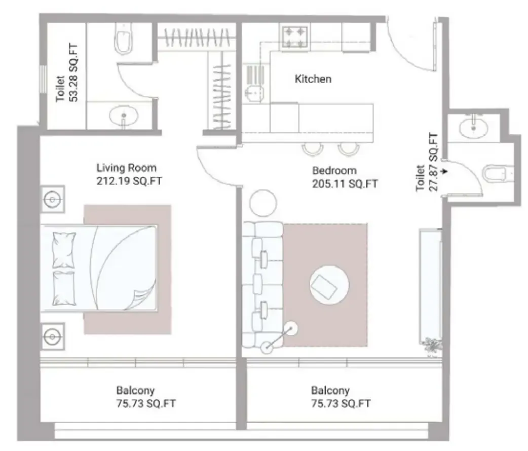 Ajman Creek Towers 1 bed floor plan, 1,109 sqft