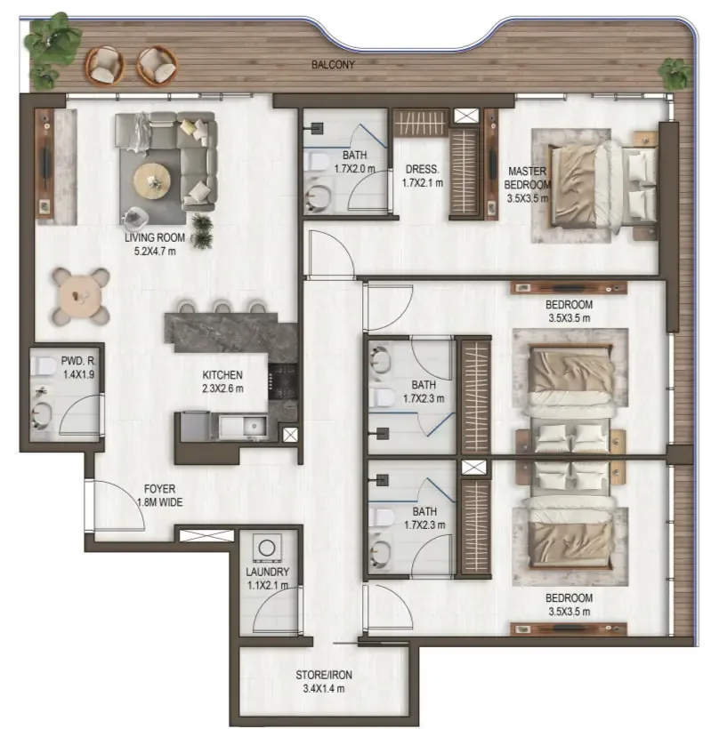 Noore 3 bed floor plan, 1,712 sqft