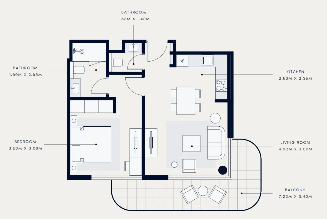 Azizi Venice 1 bed floor plan, 707 sqft