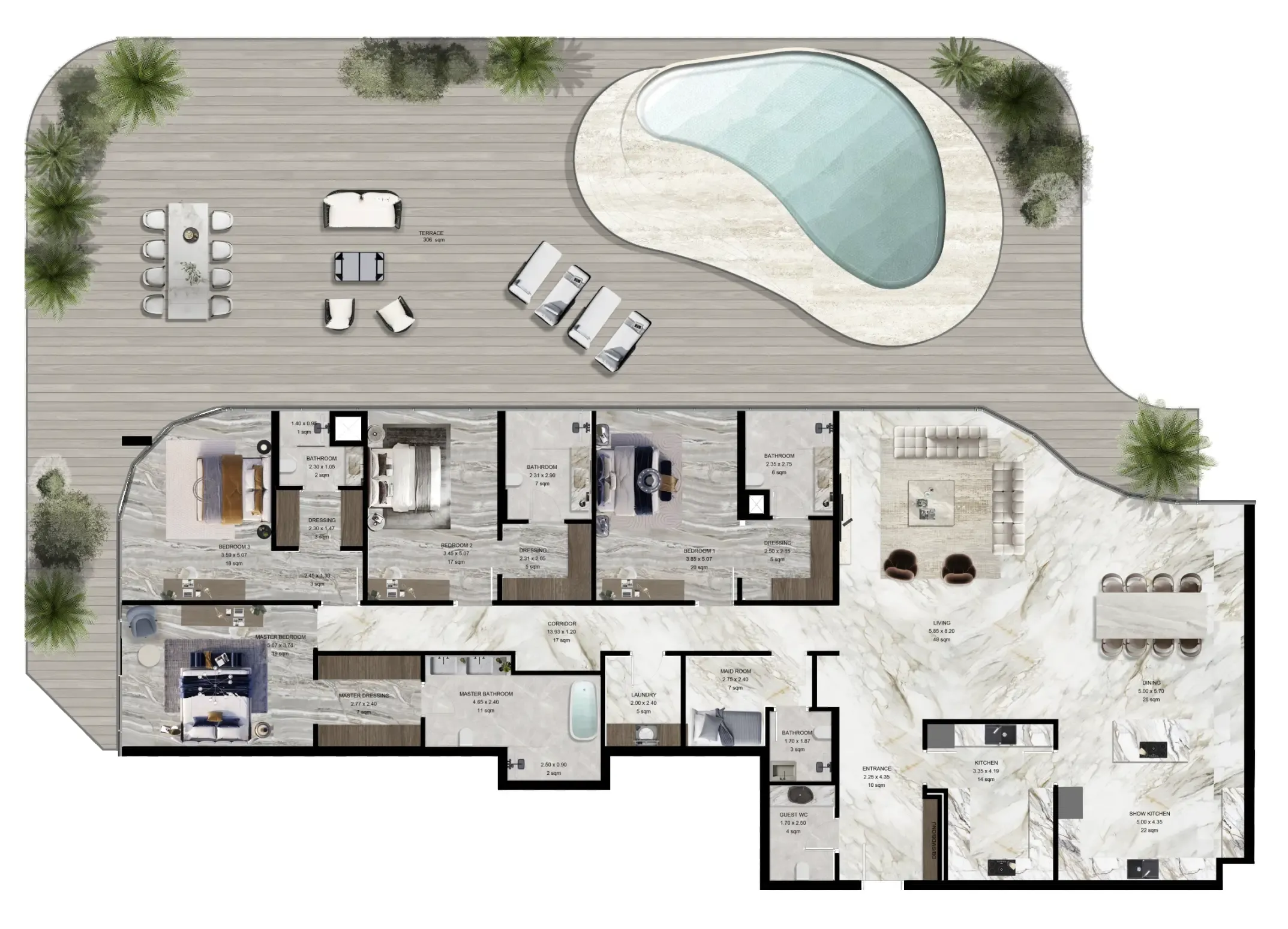 Jacob and Co Beachfront Living 4 bed floor plan, 6,577 sqft