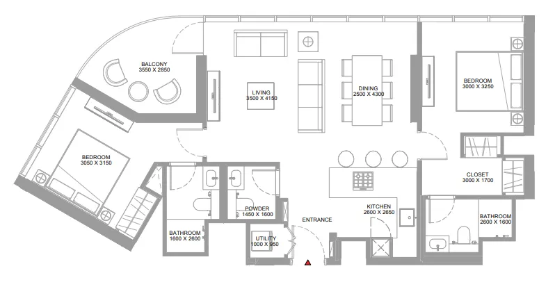 Bayside Marina Residences 2 bed floor plan, 1,022 sqft