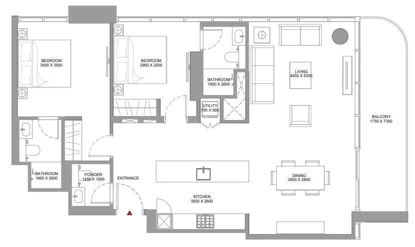 Pristine Beach Residences 2 bed floor plan, 1,211 – 1,214 sqft