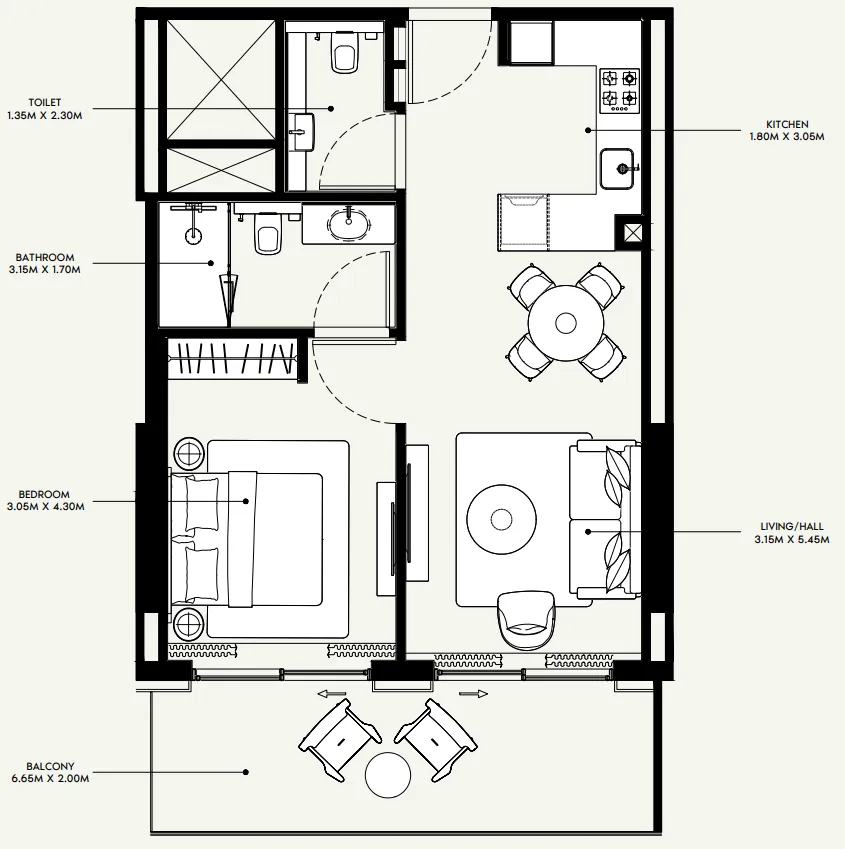 Azizi Venice 1 bed floor plan, 736 sqft