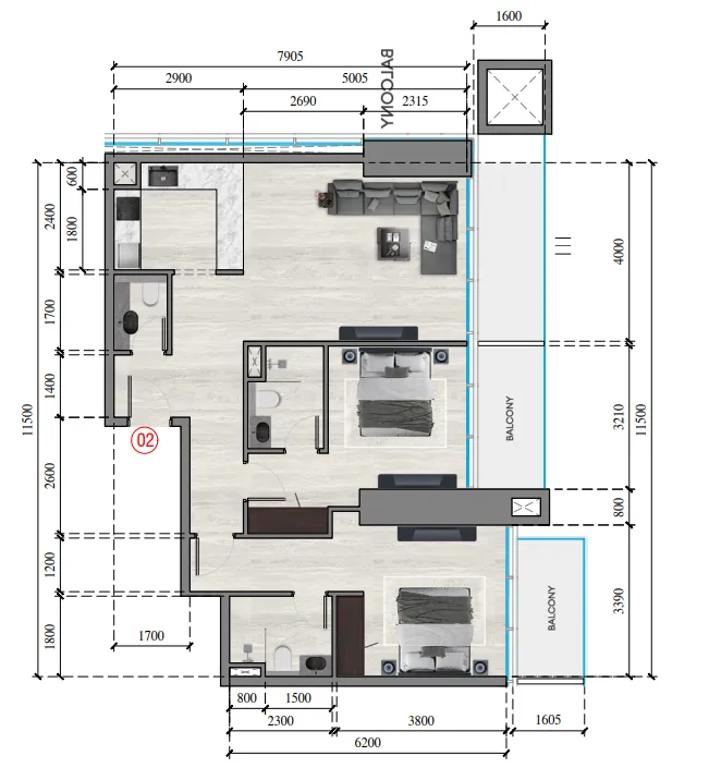 Auresta Tower 2 bed floor plan, 1,139 sqft