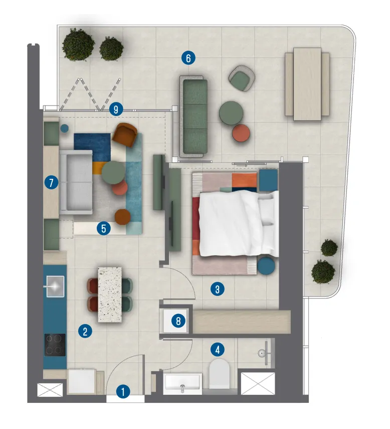 Rove Home Marasi Drive 1 bed floor plan, 770 sqft