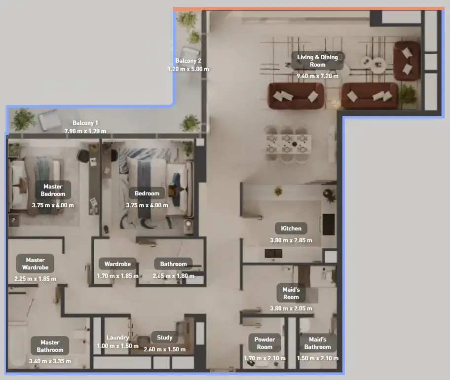 Luluat Marina at Luluat Al Raha 2 bed floor plan, 1,929 sqft