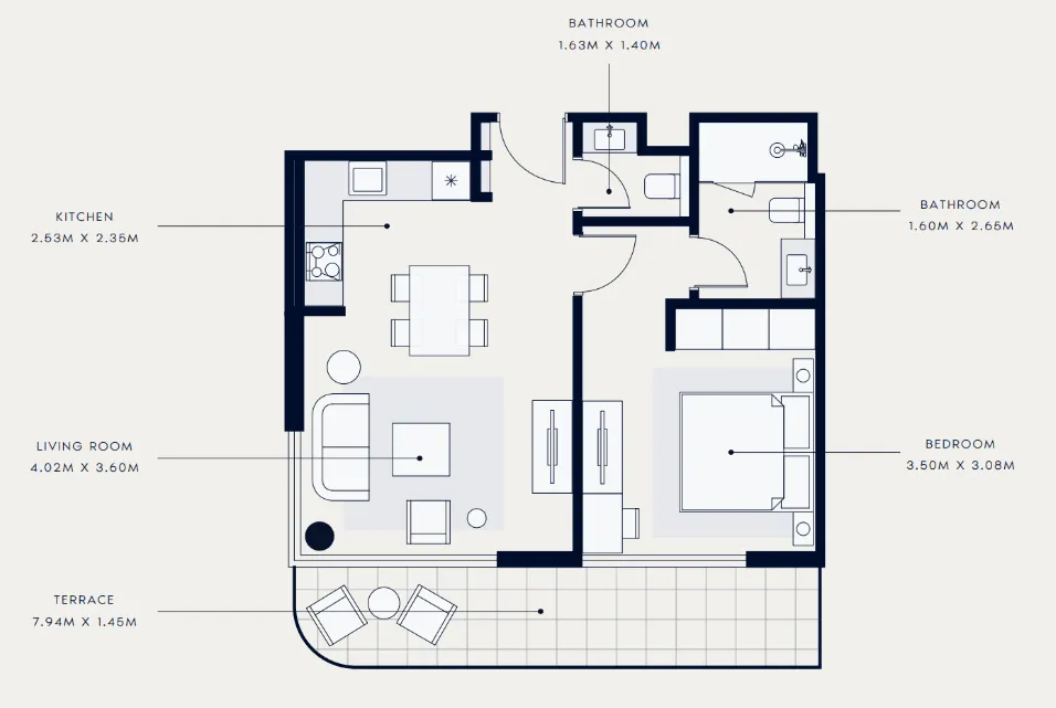 Azizi Venice 1 bed floor plan, 693 sqft