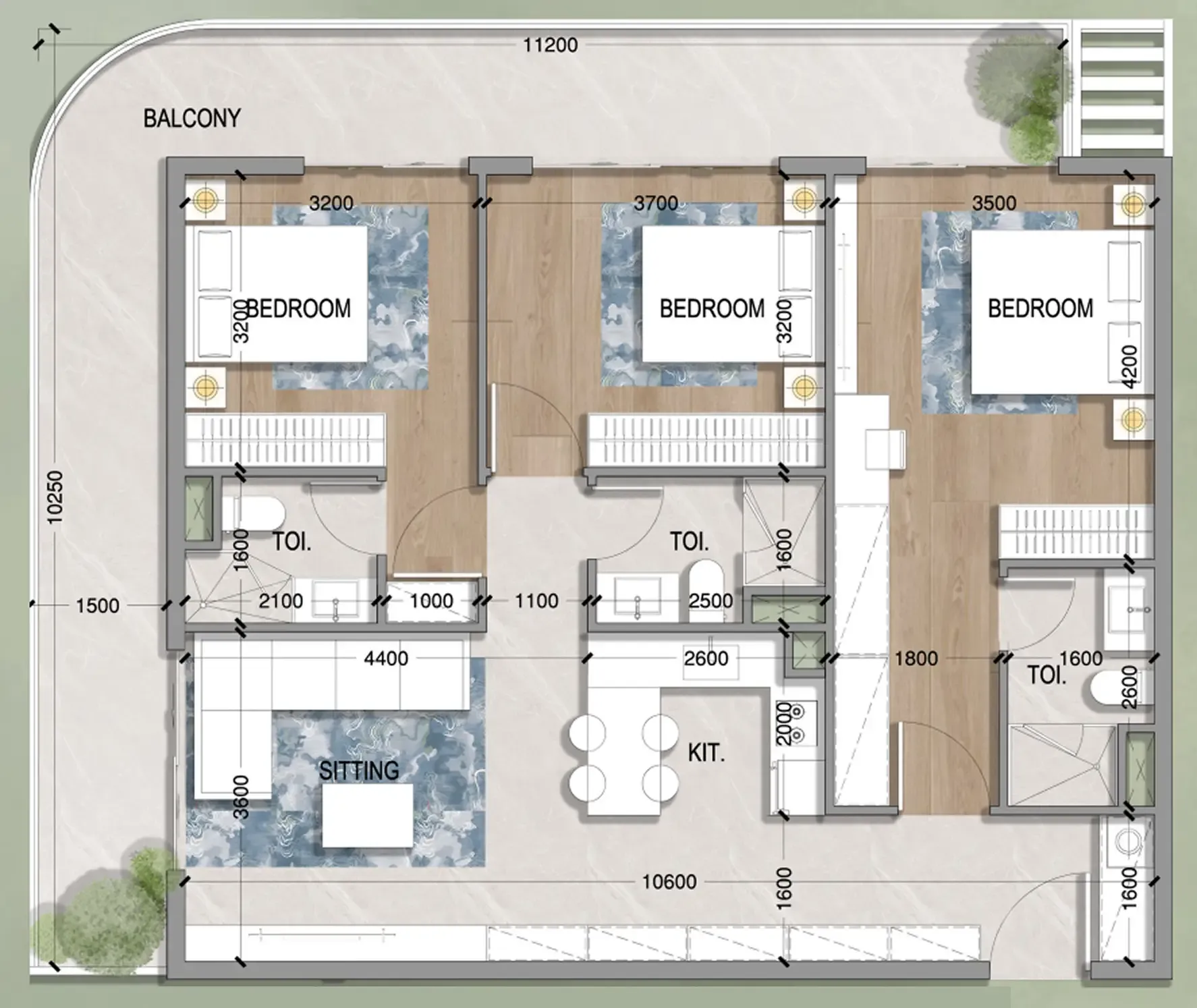 Oasis Residences 3 bed floor plan, 1,332 – 1,336 sqft