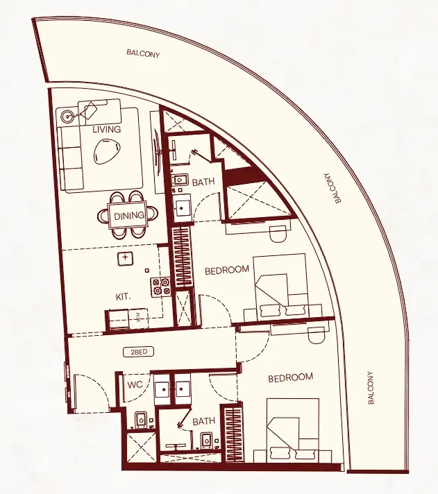 Binghatti Skyflame 2 bed floor plan, 1,254 – 1,257 sqft