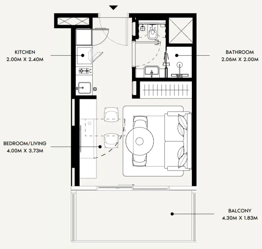 Azizi David Studio floor plan, 358 sqft