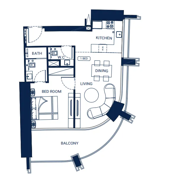 Binghatti Skyrise 1 bed floor plan, 829 – 849 sqft