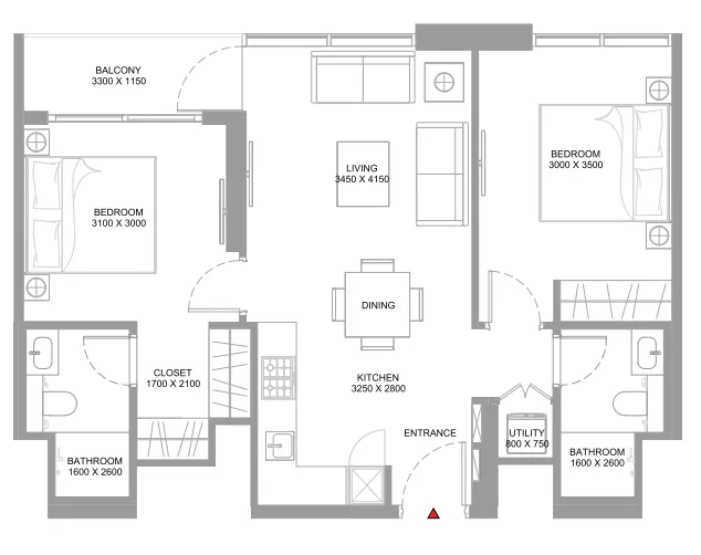 Starline Beach Residences 2 bed floor plan, 776 sqft