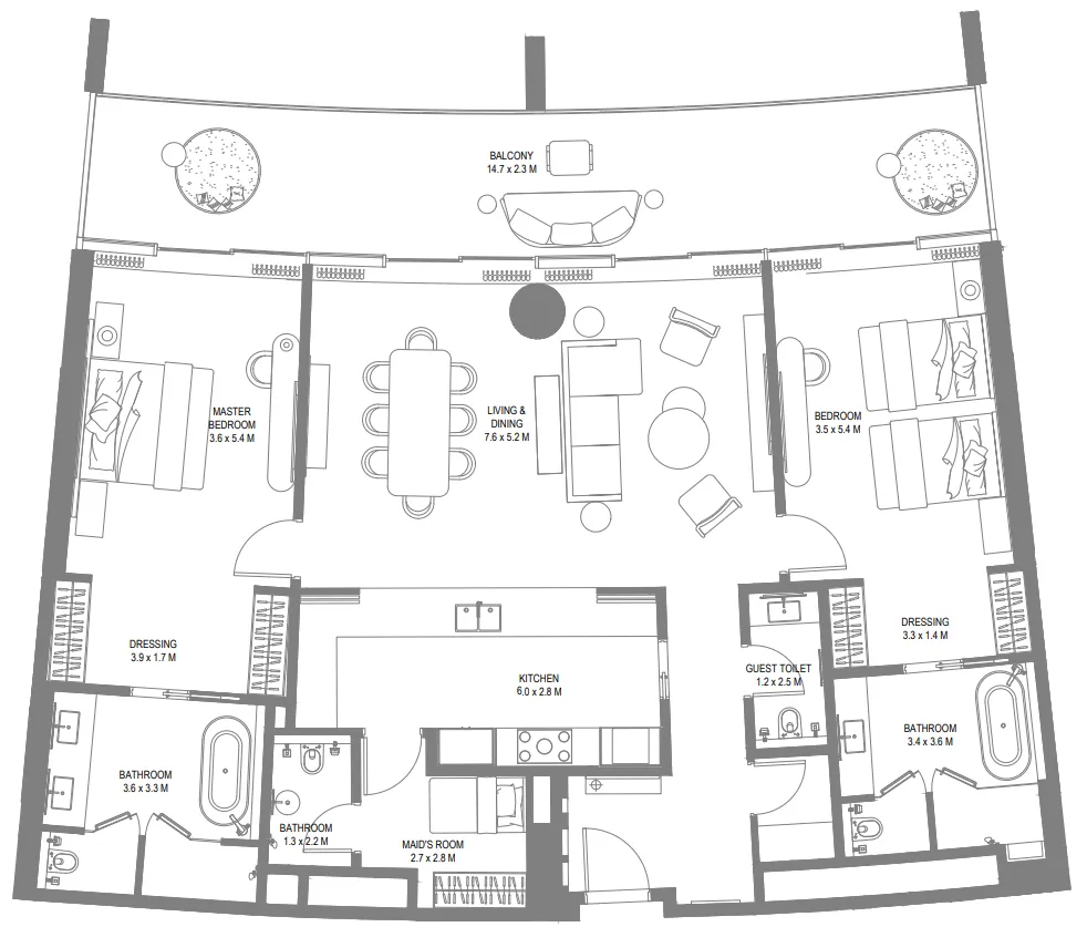 Anantara Sharjah Resort 2 bed floor plan, 2,212 sqft