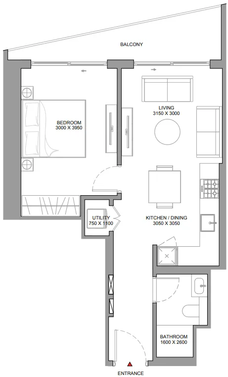 The Eden at Sobha Central 1 bed floor plan, 632 sqft