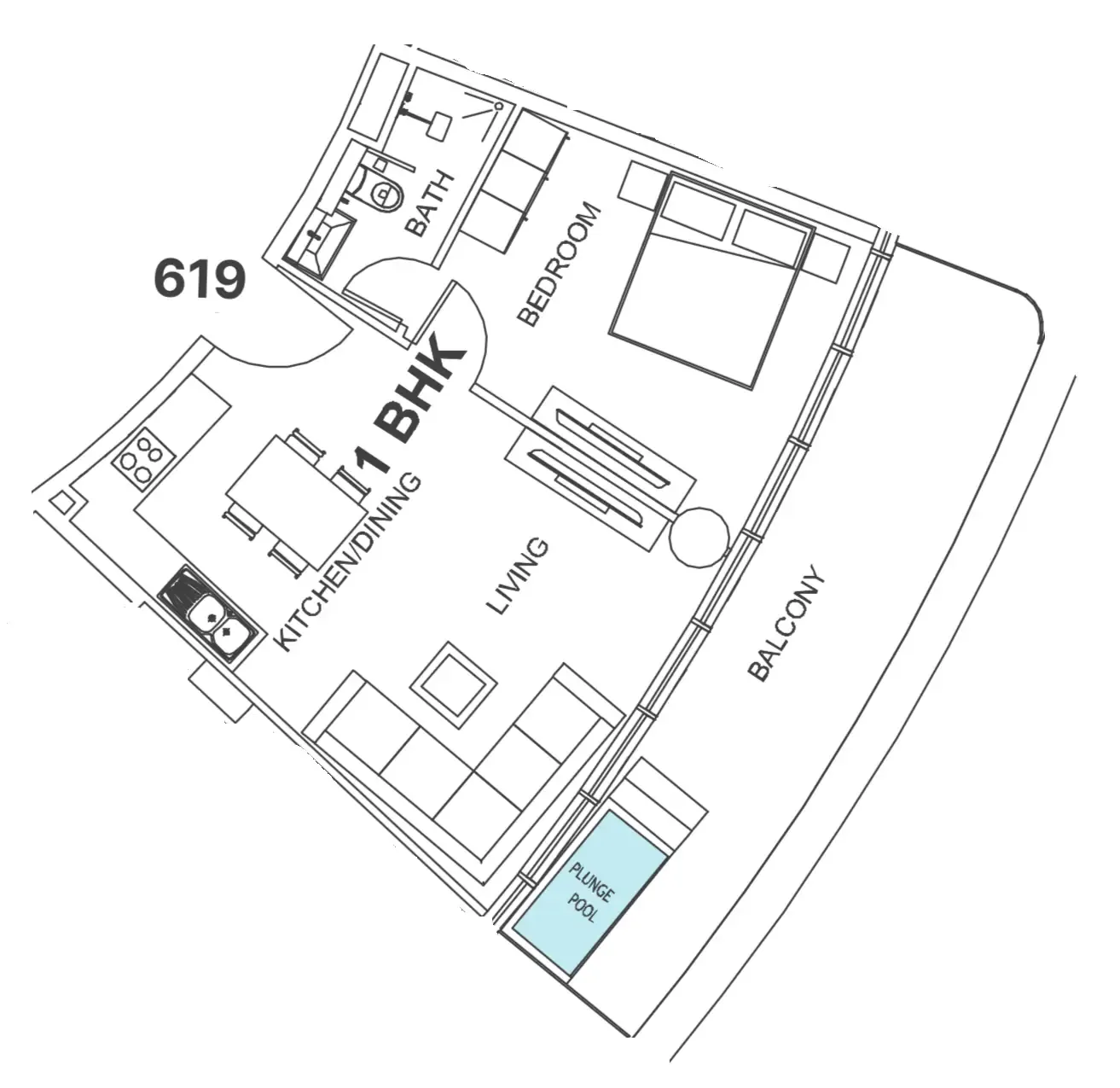 Villa Del Garda 1 bed floor plan, 773 sqft