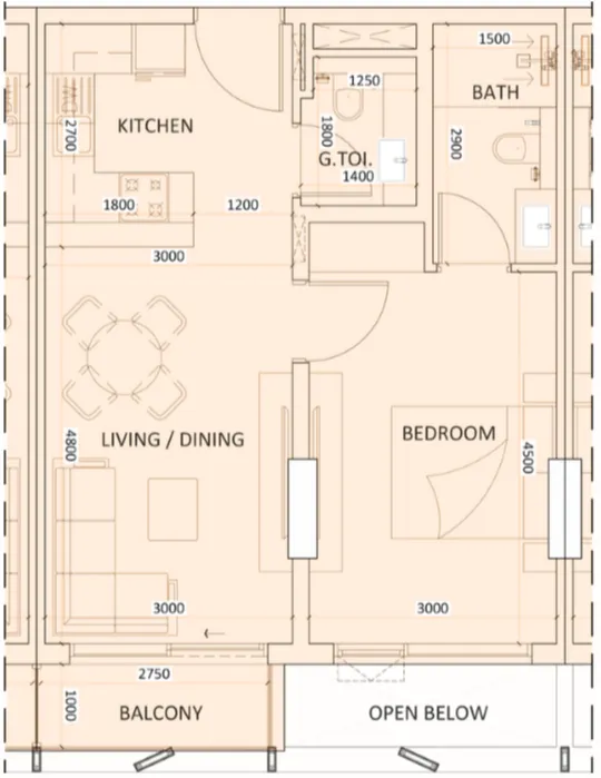 Luzora Residence 1 bed floor plan, 561 sqft