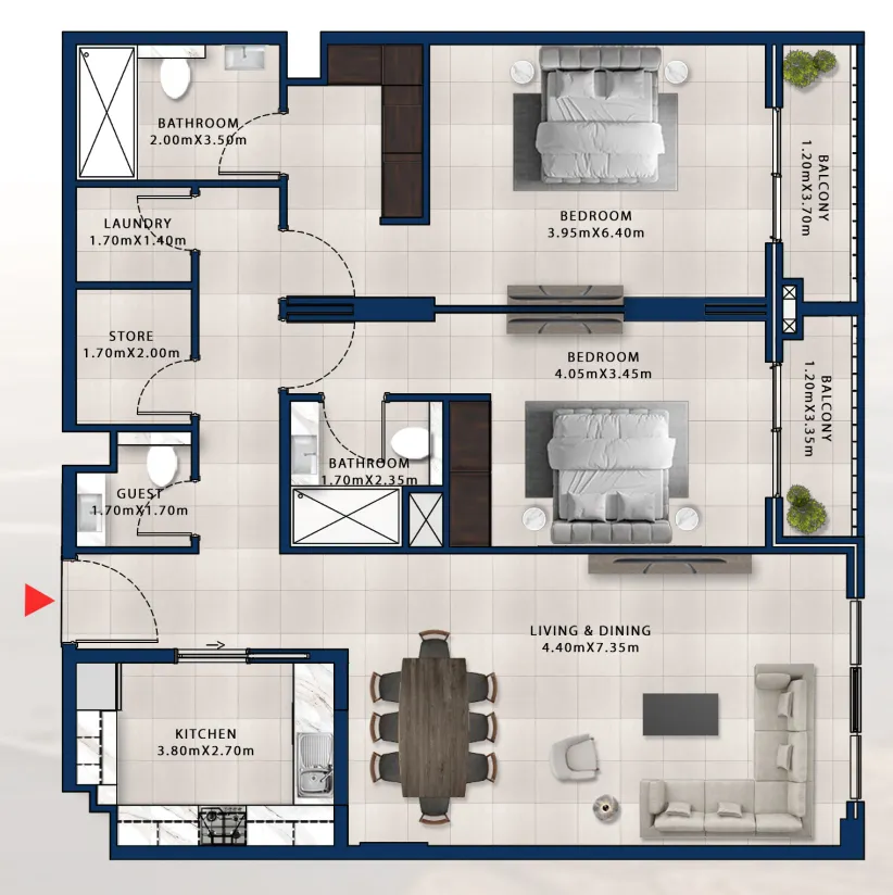 Asayel Avenue 2 bed floor plan, 1,472 sqft