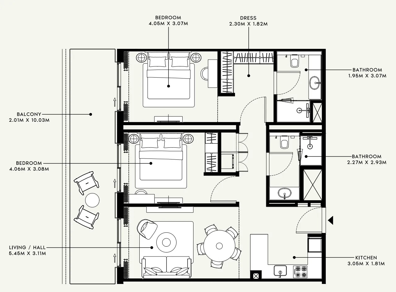 Azizi Venice 2 bed floor plan, 1,153 sqft