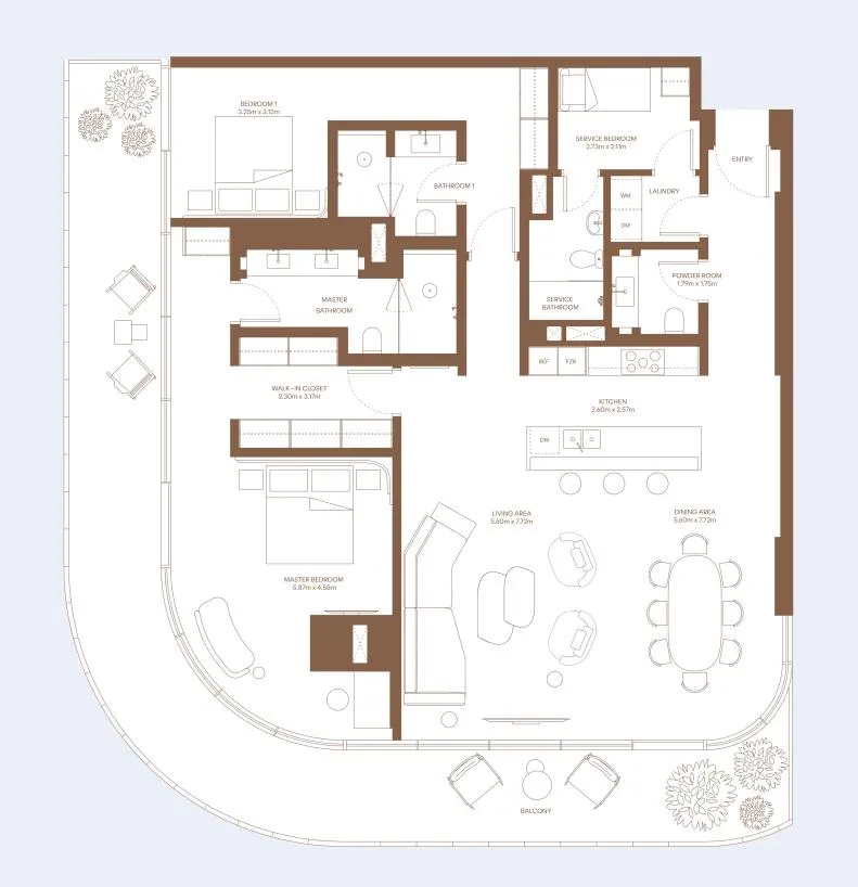 Dubai Harbour Residence 2 bed floor plan, 2,082 sqft