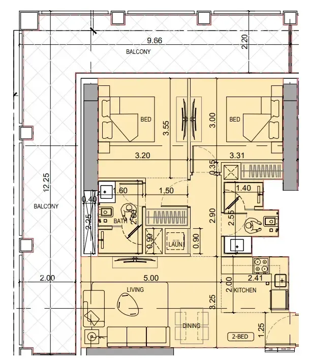 Binghatti Titania 2 bed floor plan, 1,200 sqft