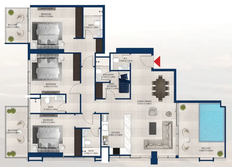 Al Vista 3 bed floor plan, 1,933 sqft