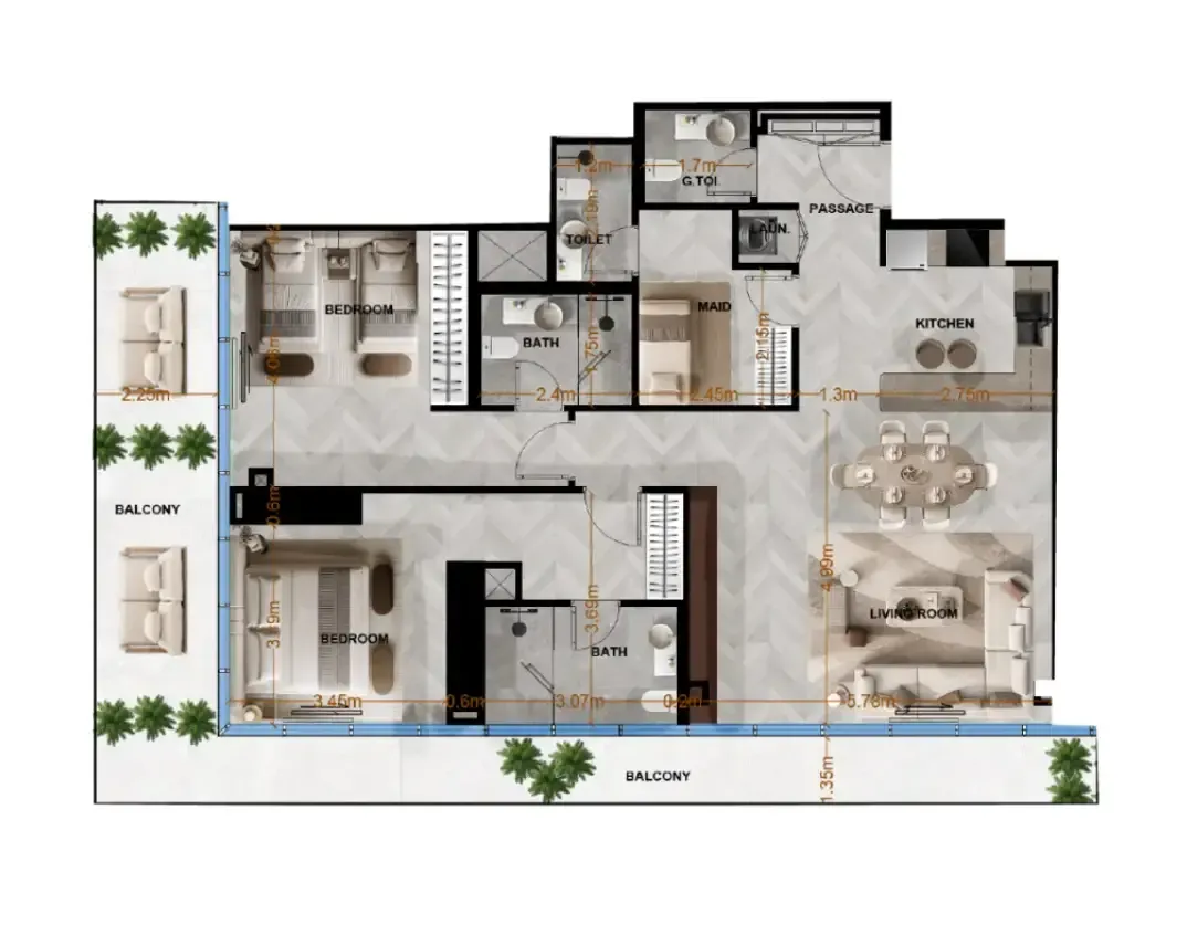Radiant Terrace 2 bed floor plan, 1,624 sqft