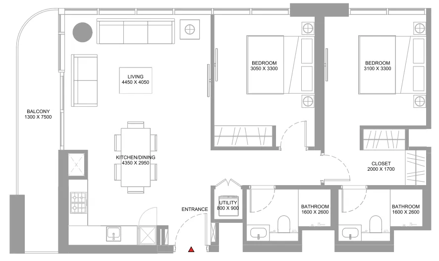 Starline Beach Residences 2 bed floor plan, 973 sqft