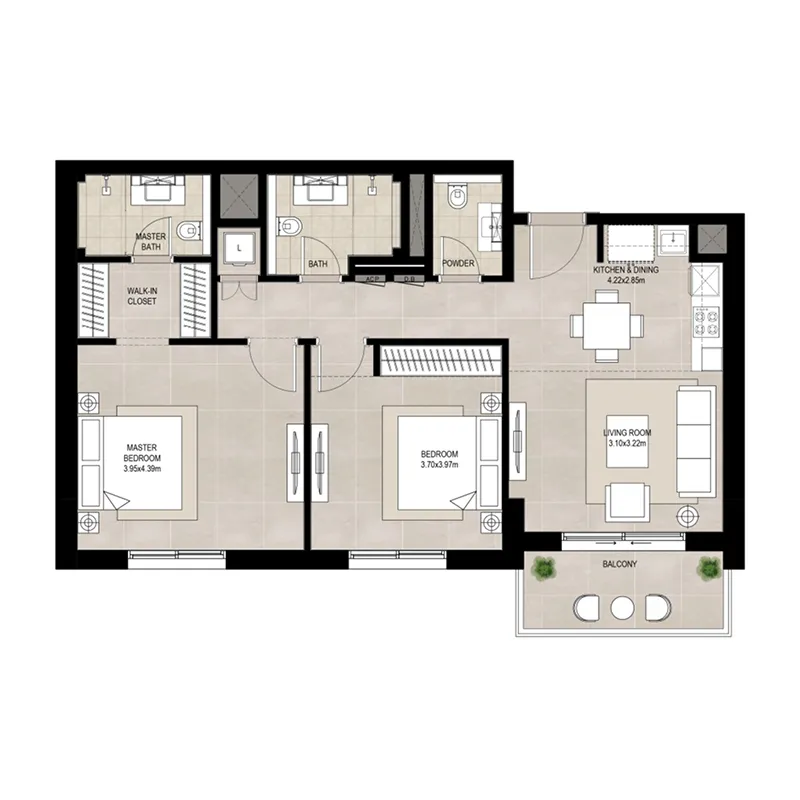Olbia 2 bed floor plan, 1,037 sqft