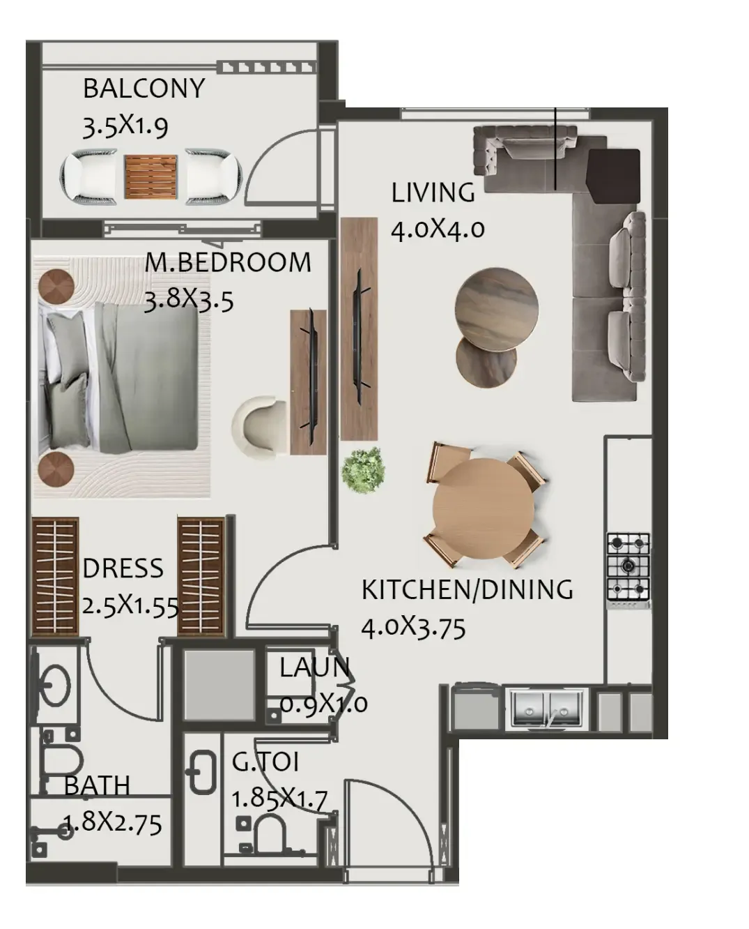 Hillside Residences 1 bed floor plan, 720 sqft