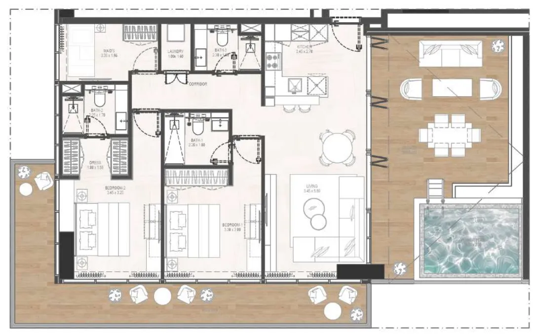 Gharbi 2 Residences 2 bed floor plan, 1,628 sqft