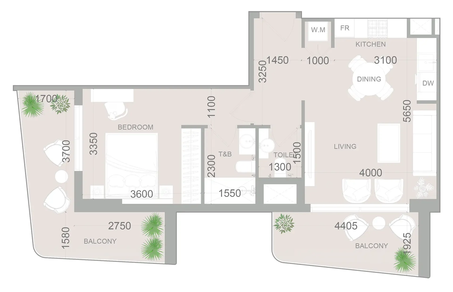 ELAR1S Sky 1 bed floor plan, 790 sqft