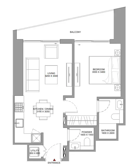 The Serene at Sobha Central 1 bed floor plan, 645 sqft