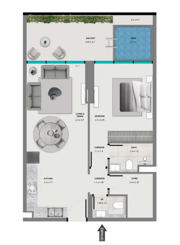 Samana Resorts 1 bed floor plan, 889 sqft