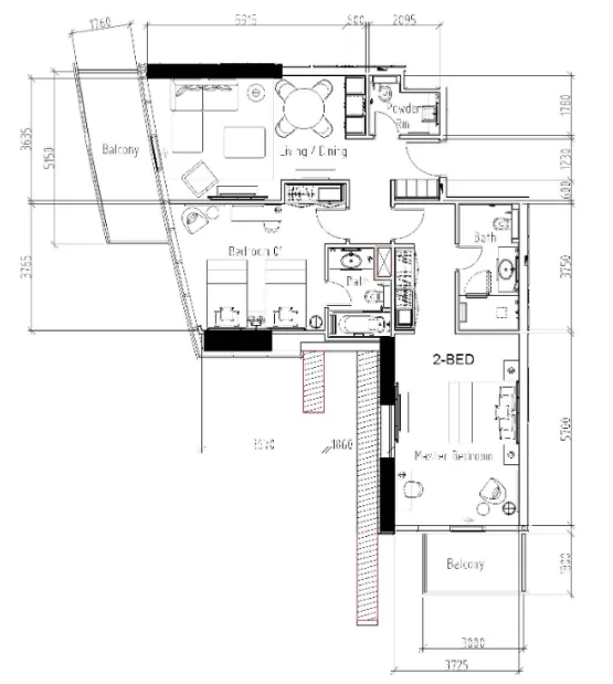 Damac Hills - Radisson Dubai 2 bed floor plan, 1,235 – 1,268 sqft