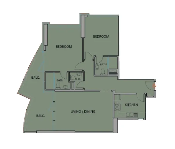 Renad Tower 2 bed floor plan, 1,275 sqft