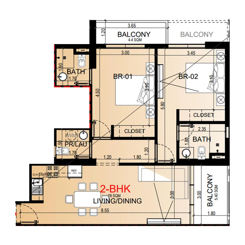 Miorah by Zoya 2 bed floor plan, 978 sqft