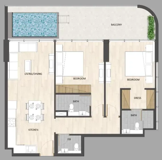 Barari Palace 2 bed floor plan, 1,155 sqft