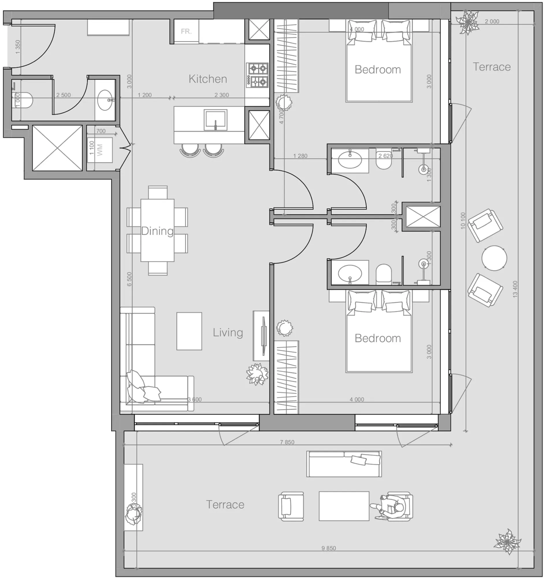 Ozone 1 2 bed floor plan, 1,534 sqft