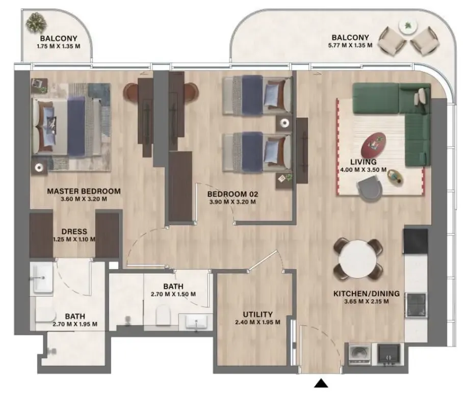 Mövenpick Residences Dubai Motor City Phase 1 2 bed floor plan, 991 sqft