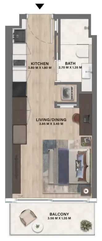 Mövenpick Residences Dubai Motor City Phase 1 Studio floor plan, 361 sqft