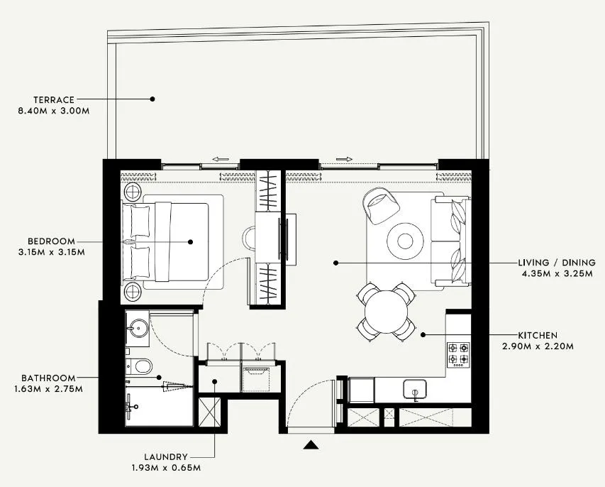 Beach Oasis 1 and 2 1 bed floor plan, 823 sqft