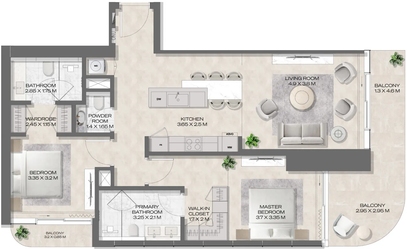 DWTN Residences 2 bed floor plan, 1,335 – 1,337 sqft