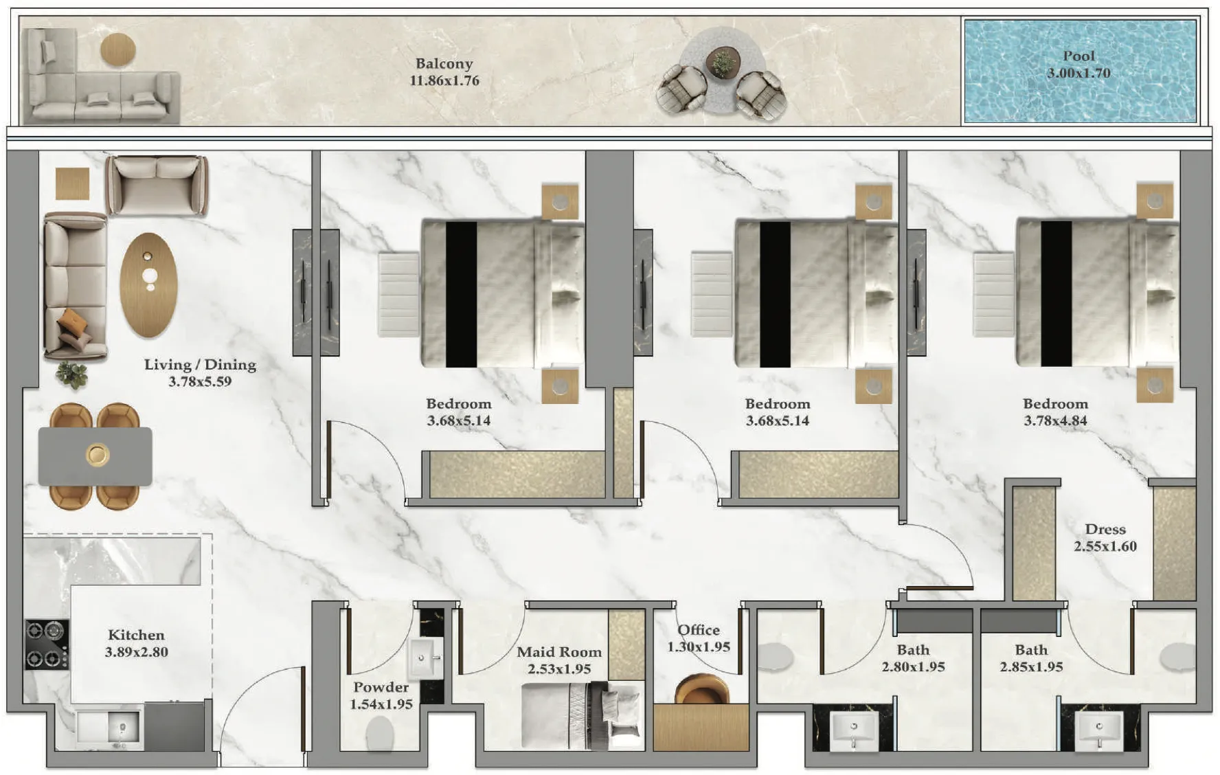 Bayz 102 3 bed floor plan, 1,610 sqft