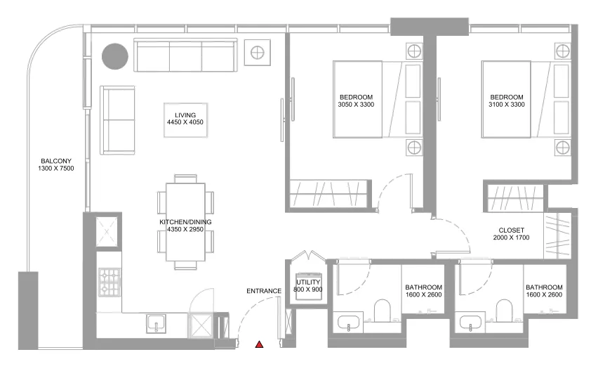 Coastline Beach Residences 2 bed floor plan, 973 sqft
