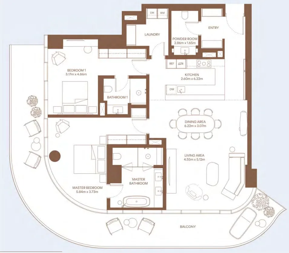 Dubai Harbour Residence 2 bed floor plan, 2,205 sqft