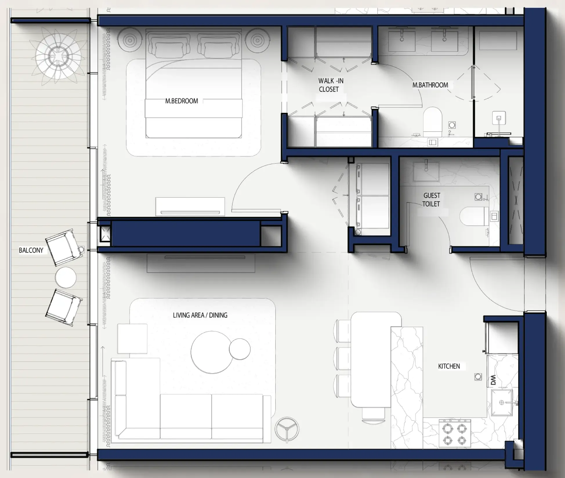 Hilton Residences 1 bed floor plan, 849 sqft
